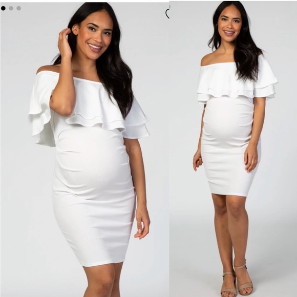 Pinkblush Dresses & Skirts - Pinkblush White Waffle Knit Off Shoulder Ruched Maternity Dress